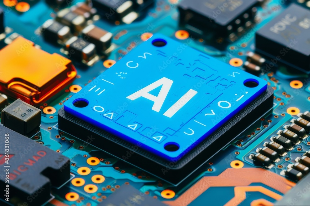 Poster advanced ai microchip on a circuit board representing cutting edge artificial intelligence technolog