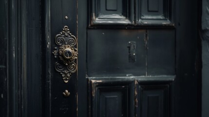 
A close-up of a dark, enigmatic black door featuring an elegant, ornate gold door handle, surrounded by shadows and offering plenty of copy space.
