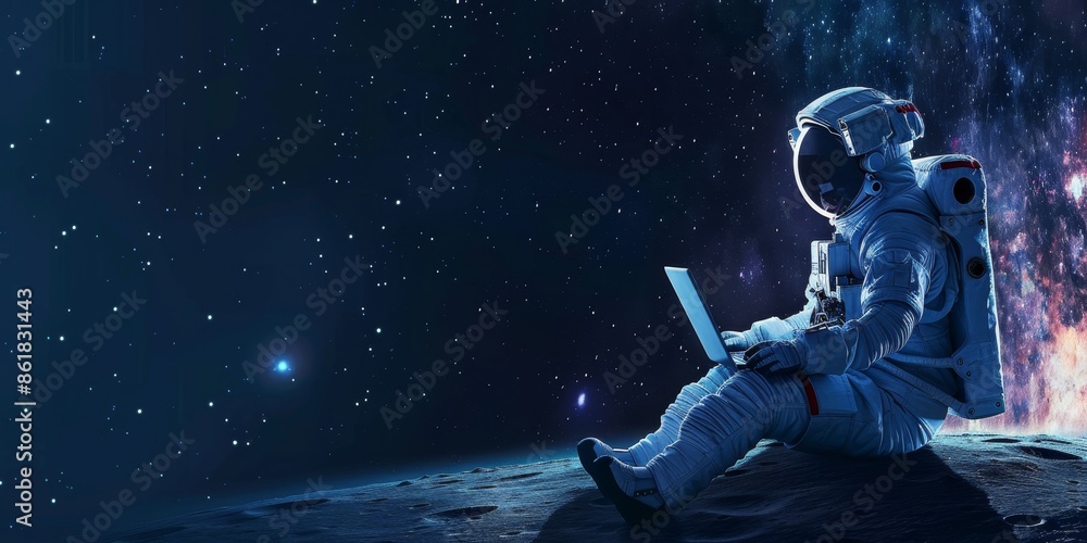 Wall mural astronaut in space with a laptop with copy space