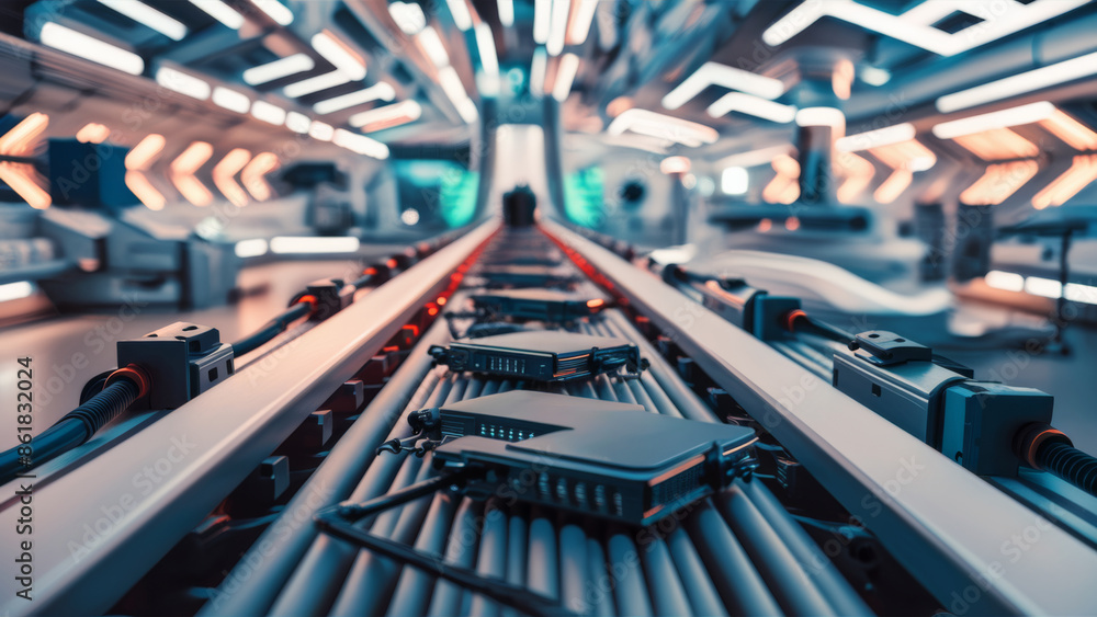 Sticker A conveyor belt with electronic devices on it in a factory, AI