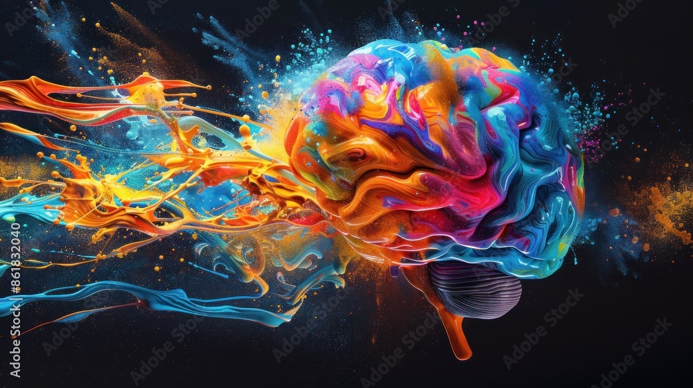 Poster creativity concept with a brain exploding in colors.