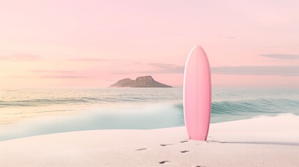 
A minimalistic summer beach scene with a pink surfboard standing upright on soft sand, a small island in the distance, and a pastel pink sky for a cosmetic product mock-up.