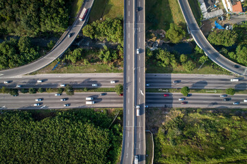 Highway full of cars seen from a drone