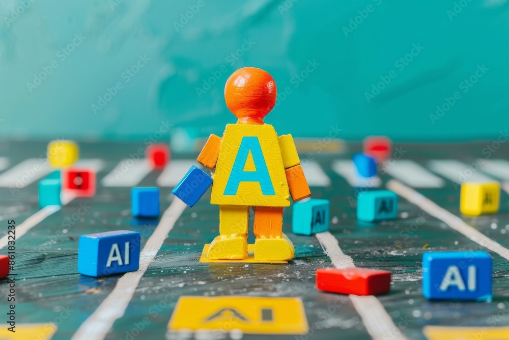 Poster playful ai themed toy figures on a colorful circuit board representing artificial intelligence and t