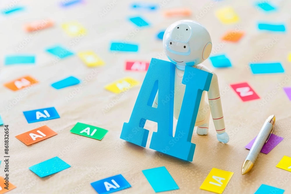 Poster robot with ai letters and colorful blocks symbolizing the integration of artificial intelligence in 