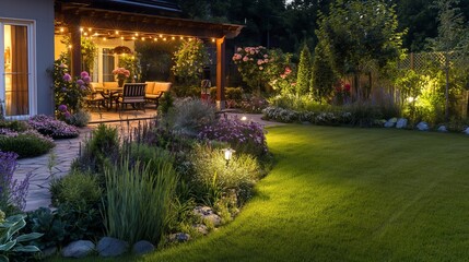 Obraz premium A serene suburban patio at dusk, featuring cozy outdoor seating and garden lights illuminating the vibrant flowers and well-kept lawn under the fading evening light.