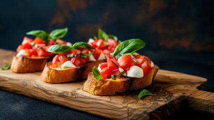 Gourmet bruschetta on a rustic blue table, topped with fresh tomatoes, basil, and mozzarella