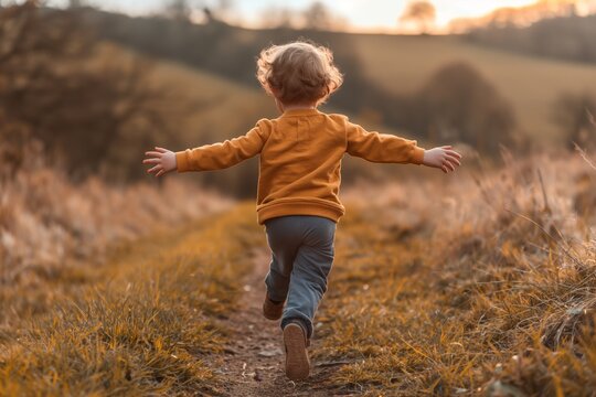 A child enthusiastically runs through a sunlit meadow path, arms outstretched, embracing the sense of freedom and joy that this open natural environment brings on a beautiful day.