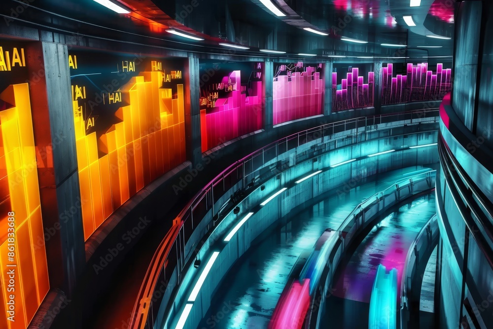 Poster colorful futuristic cityscape with ai integration symbolizing advanced artificial intelligence in ur