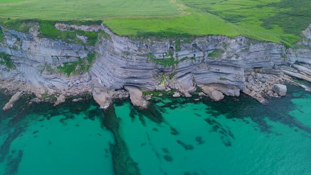 Coastal landscape at Punta Ballota on the coasts of Tagle. Aerial view from a drone. Arnuero Municipality. Cantabrian Sea. Cantabria. Spain. Europe