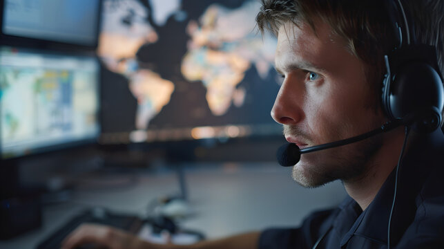 Notruf-Disponent in den USA mit Headset und Tracking-Karten