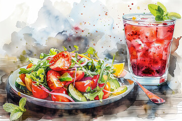 Watercolor painting of vegetable salad and juice on a wooden table.