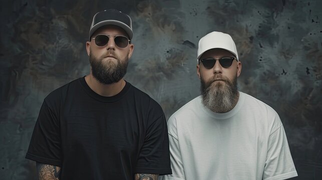 Two bearded men in sunglasses and hats pose in front of a textured gray wall