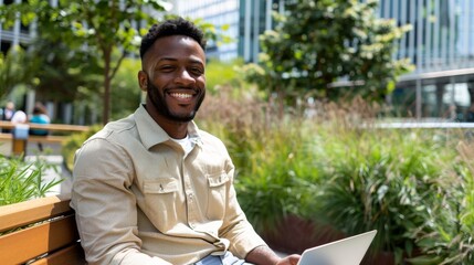 Fototapeta premium Office worker enjoying park bench, laptop and coffee, high-rise buildings background. Modern city worker on park bench, laptop open, coffee cup beside.
