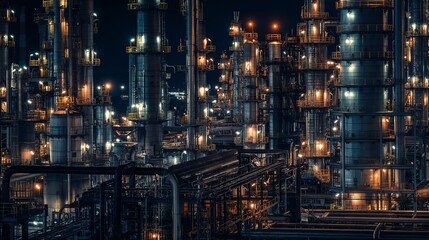 Fototapeta premium A sprawling petrochemical refinery at night, featuring glowing towers and columns, intricate machinery, and bright lights reflecting off metallic surfaces.