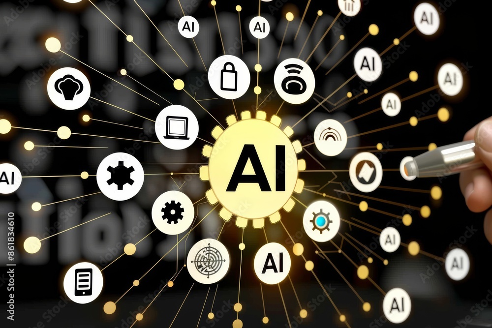 Poster ai digital interface with interconnected icons symbolizing artificial intelligence and technology in
