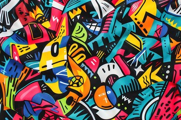 A bold and colorful graffiti-style fabric design with a fusion of street and pop art