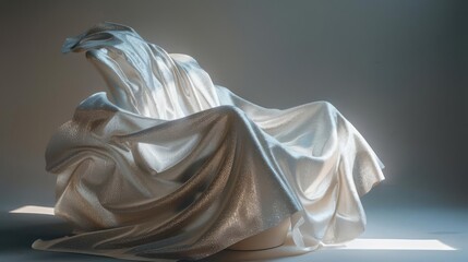 A flowing white silk cloth gracefully draped over a chair, illuminated by a soft light. The folds of the fabric catch the light and create a sense of movement and drama.