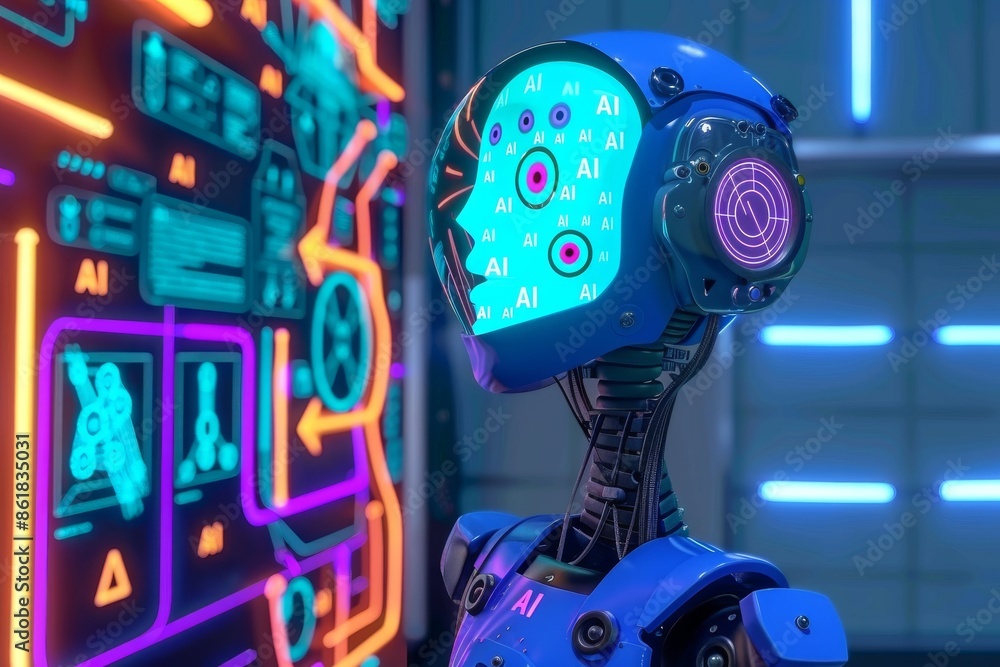Poster ai robot with digital screen interface symbolizing advanced artificial intelligence technology in mo