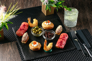cocktail snacks. an aperitif for cocktails. cocktail bar menu