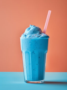 Blue milkshake with straw in glass against orange background.