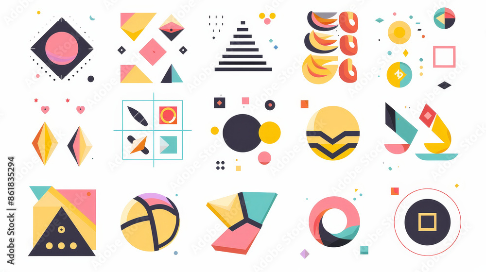 Poster set of modern abstract minimalistic icons shapes in bauhaus style. geometry objects illustration vec