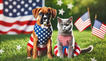 Patriotic Boxer Puppy and Gray Cat on Grassy Field with American Flag