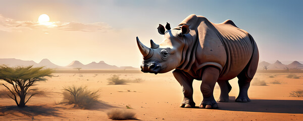 Fototapeta premium comic rhinoceros with sunset. Extremely detailed high resolution manga illustration