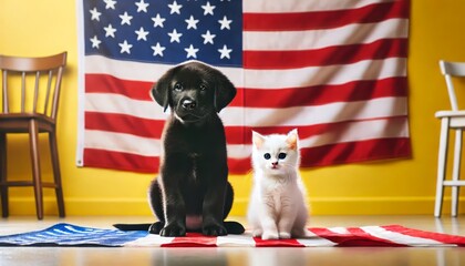 Black Puppy and White Kitten with American Flag and Bright Yellow Background