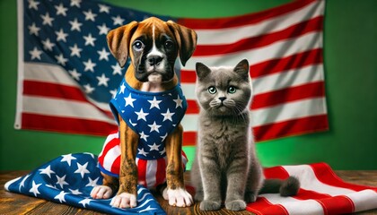 Boxer Puppy and Gray Cat in Patriotic Outfits with American Flag and Green Background