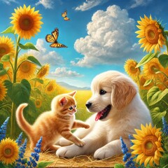 Golden Retriever Puppy and Orange Tabby Kitten Playing in Sunflower Field
