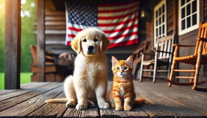 Golden Retriever Puppy and Orange Tabby Kitten with American Flag on Rustic Porch