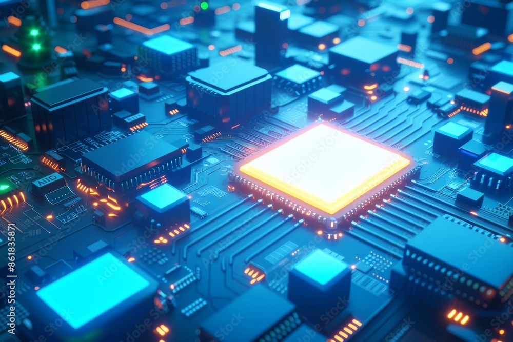Poster cutting edge ai microchip with complex circuitry, glowing blue elements, and abstract technological 