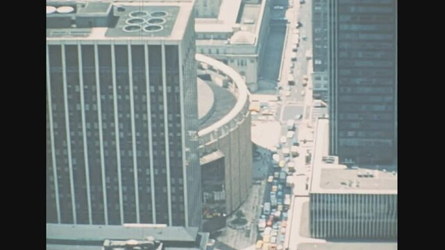 New York, Manhattan, United States America 1976: top view of Madison Square Garden. The World's Most Famous Arena in old New York city. Archival skyline of Manhattan in 1970s.