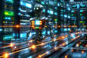 Fototapeta premium Advanced Robot in High Tech City with Neon Lights, AI Integration, and Digital Interface, Night Scene