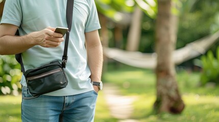 A man in a blue shirt and jeans uses his smartphone while walking in a tropical garden