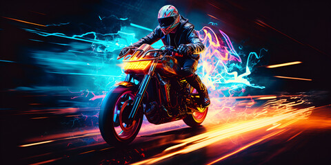 Light motion bike on dark highway with bright headlights, Futuristic motorcycle

