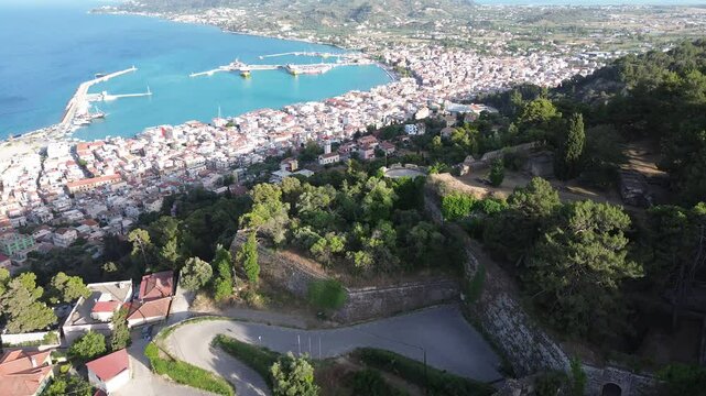 Aerial panoramic view over Zakynthos city at sunset. Zakynthos island, Ionian sea, western Greece