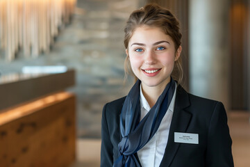 Professional Portrait of a Young Female Hotel Receptionist with a Friendly Smile and Blue Eyes, Standing in a Stylish Lobby