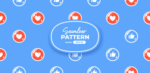 Seamless pattern with emoticons. Emoji set. Like icons, heart and thumbs up. Vector illustration eps10. UI interface chat icons for messenger app. Social media. Cartoon smile. Flat style.