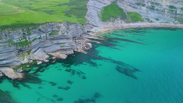 Coastal landscape at Punta Ballota on the coasts of Tagle. Aerial view from a drone. Arnuero Municipality. Cantabrian Sea. Cantabria. Spain. Europe