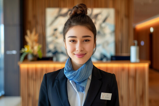 Professional Portrait of a Young Female Hotel Receptionist with a Welcoming Smile in a Stylish Lobby