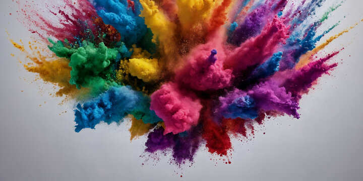Spektakul&auml;re Farbexplosion von buntem Puder auf wei&szlig;em Hintergrund, die eine dynamische, lebendige Wolke in allen Regenbogenfarben bildet und die Energie und Sch&ouml;nheit des Augenblicks darstellt