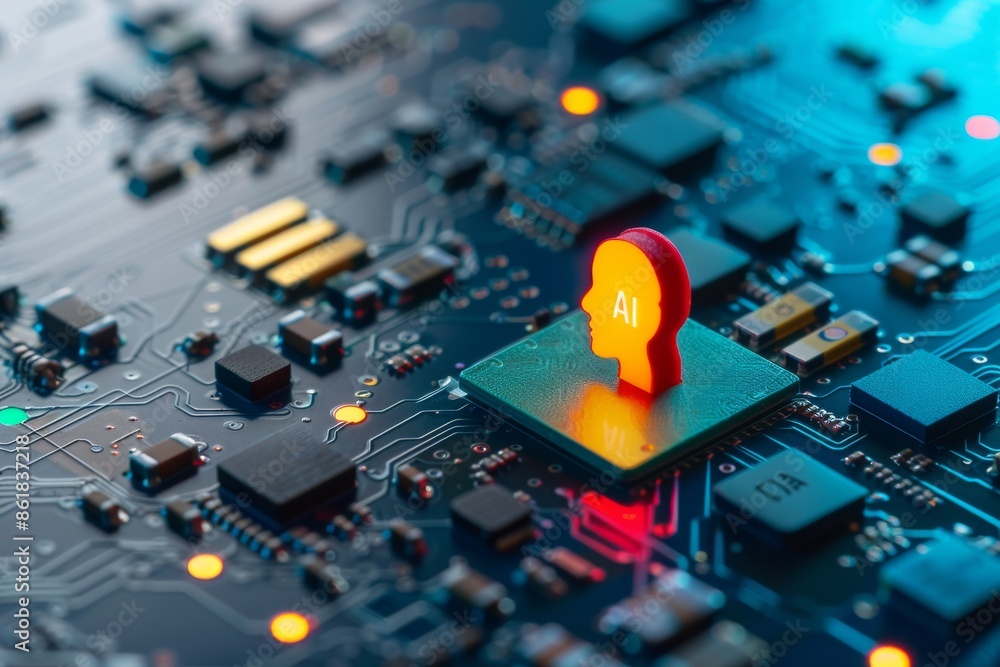 Poster close up of ai microchip with glowing elements and technological components, blue hue, cyber setting