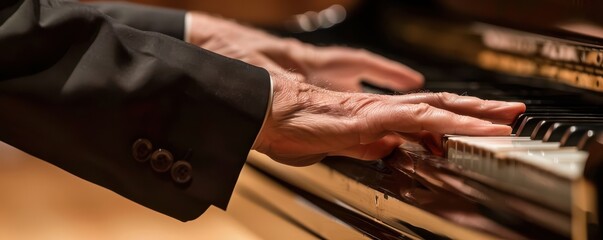 Close-up shot of a pianist's hands playing the piano. The focus is on the dexterity and elegance of the hands as they move across the keys, emphasizing the artistry of music performance.
