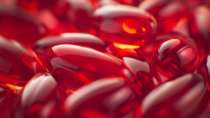 Red krill oil pills or soft gels, close up. Healthy nutritional supplement rich in imega-3.