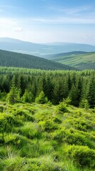 A scenic view of a lush green forest landscape with rolling hills in the background. The sun shines brightly on the trees and foliage, creating a vibrant and picturesque scene