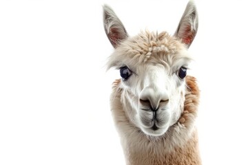 Obraz premium Portrait of an alpaca with a cute, funny expression. The alpaca's fluffy fur and inquisitive gaze are highlighted against a clear blue sky, creating an adorable and endearing animal image.