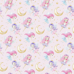 Cute Little fairies crescent moons and stars. Children's background. Watercolor baby seamless pattern for design kid's goods, postcards, baby shower and children's room