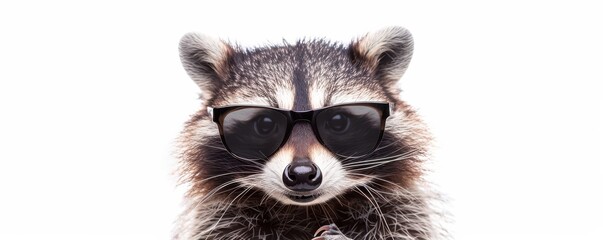 Obraz premium Portrait of a raccoon wearing sunglasses. The humorous and quirky image captures the raccoon's curious personality, making it a fun and unique photo for various creative uses.